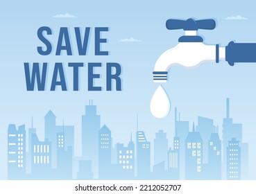 Water Saving Templates Hand Drawn Flat Cartoon Illustration for Mineral Savings Campaign with Faucet and Earth Concept