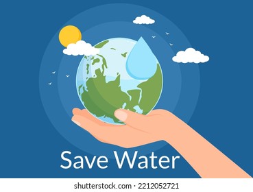 Water Saving Templates Hand Drawn Flat Cartoon Illustration for Mineral Savings Campaign with Faucet and Earth Concept