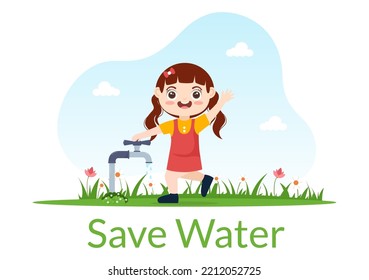 Water Saving Templates Hand Drawn Flat Cartoon Illustration for Mineral Savings Campaign with Faucet and Earth Concept