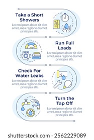 Water saving tips infographic vertical sequence. Sustainable consumption importance. Purification. Visualization infochart with 4 steps. Circles workflow