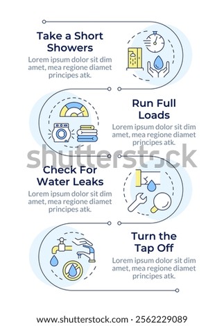 Water saving tips infographic vertical sequence. Sustainable consumption importance. Purification. Visualization infochart with 4 steps. Circles workflow