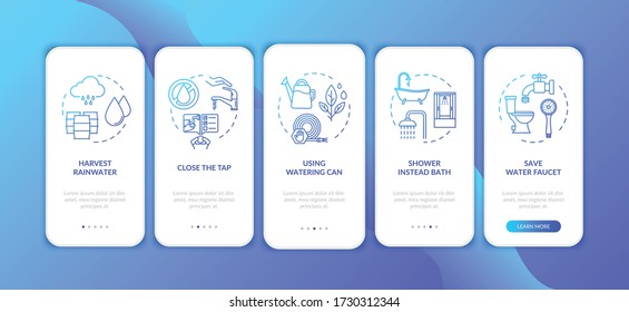 Water saving tips onboarding mobile app page screen with concepts. Water sustainable consumption walkthrough five steps graphic instructions. UI vector template with RGB color illustrations