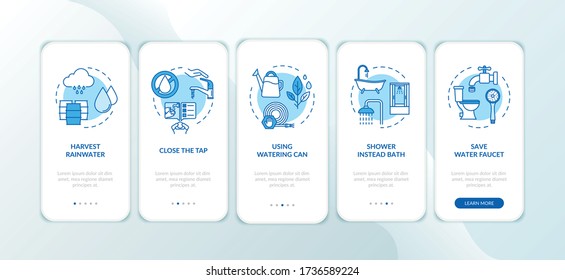 Wassersparende Tipps für mobile App-Seite mit Konzepten. Geldsparen, kostengünstige Wassernutzung durch fünf Stufen grafische Anleitungen. Benutzeroberflächenvektorvorlage mit RGB-Farbabbildungen