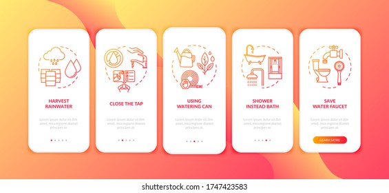 Water saving tips onboarding mobile app page screen with concepts. Water reuse and economy walkthrough five steps graphic instructions. UI vector template with RGB color illustrations