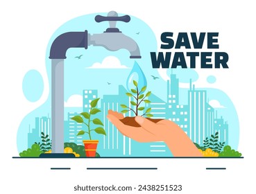 Water Saving Vector Illustration for Mineral Savings Campaign and Energy Utilization with Faucet and Earth Concept in Flat Cartoon Background