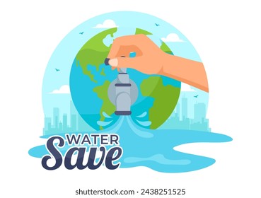 Ilustración vectorial de ahorro de agua para la campaña de ahorro de minerales y la utilización de energía con el grifo y el concepto de la tierra en el fondo plano de la historieta