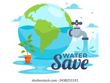 Water Saving Vector Illustration for Mineral Savings Campaign and Energy Utilization with Faucet and Earth Concept in Flat Cartoon Background