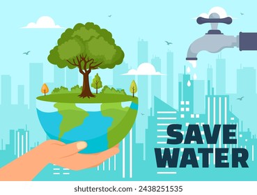 Water Saving Vector Illustration for Mineral Savings Campaign and Energy Utilization with Faucet and Earth Concept in Flat Cartoon Background
