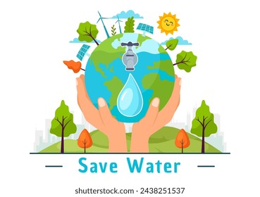 Water Saving Vector Illustration for Mineral Savings Campaign and Energy Utilization with Faucet and Earth Concept in Flat Cartoon Background