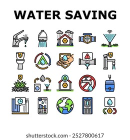 Iconos del planeta de la gota del mundo del ahorro de agua Vector. ecología del medio ambiente, planeta eco, cuidado, día de la naturaleza, vida, océano limpio, Vector, globo ahorro de agua mundo gota planeta línea de color Ilustraciones