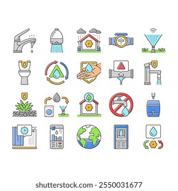 Iconos del planeta de la gota del mundo del ahorro de agua Vector. ecología del medio ambiente, planeta eco, cuidado, día de la naturaleza, vida, océano limpio, Vector, globo ahorro de agua mundo gota planeta línea de color Ilustraciones