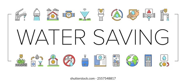 water saving world drop planet icons set vector. environment ecology, planet eco, care, nature day, life, ocean clean, vector, globe water saving world drop planet color line illustrations