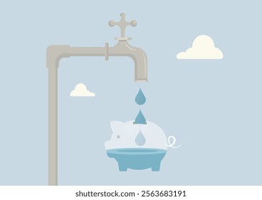Water Savings Piggy Bank Environmental Finance Illustration. water drops falling into piggy bank, combining financial savings with water conservation themes in soft blue tones