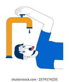 Water scarcity 2D illustration concept. Drought environmental issue. Thirsty asian man struggling with dry tap and droplet cartoon character isolated on white. Metaphor abstract flat vector graphic