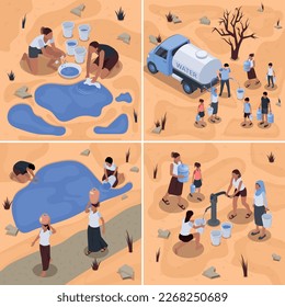 Water scarcity 2x2 design concept with people fill drinking water from the pump truck and lake in desert area isometric vector illustration