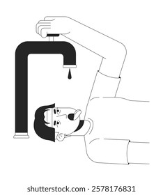 Water scarcity black and white 2D illustration concept. Drought environmental issue. Thirsty asian man struggling with dry tap and droplet outline character isolated. Metaphor monochrome vector art