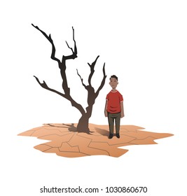 Water scarcity concept. An African man stands next to a withered tree on the cracked earth. Drought, crop failure. Vector illustration, isolated on white background.