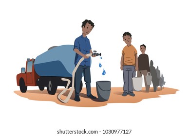 Water scarcity concept. African people stand in line for water. The water truck. Vector illustration, isolated on white background.