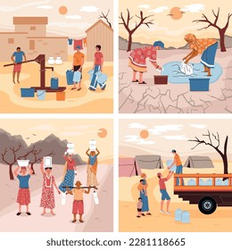 Water scarcity flat 2x2 set of square compositions with outdoor landscapes and human characters holding bottles vector illustration