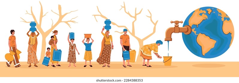 Water scarcity flat concept composition with human characters of starving people pouring water from earth globe vector illustration