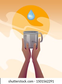 Water scarcity. hands with an empty mug, thirsty for water in a drought. Global ecology concept, flat vector illustration.