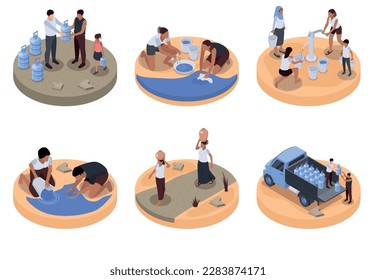 Water scarcity isometric compositions with women washing clothes in puddle or lake and walking with water pots on their heads isolated vector illustration