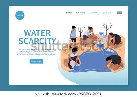 Water scarcity isometric web site illustrated by scene with poverty women washing clothes in puddle or river vector illustration
