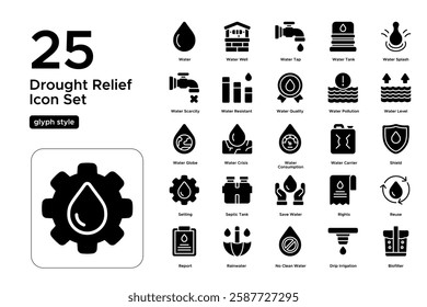 Water Scarcity Issues. Global Environmental Challenges. Dehydration, Drought, and Conservation. Vector Illustration. Glyph solid icon set