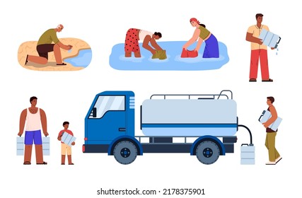 Water scarcity, people drinking water from paddle - flat vector illustration isolated on white background. Set of characters fill water from truck, wash clothes in pond. Drought and climate change.