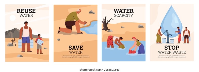 Water scarcity and problem of world water deficiency banners with people characters, flat cartoon vector illustration. Water resources save and economy posters.