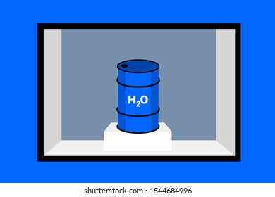 Water scarcity - Water as scarce item and precious resource. Barrel with H2O is in the shop window offered to buy and purchase. Vector illustration.