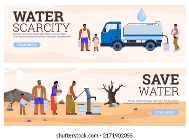 Water scarcity web banners set, people in queue waiting for drinking water, flat vector illustration. African village with drought problem. Truck and pump with drinking water.