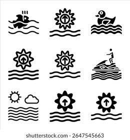 Water And Sea Activities Glyph Icon Set Black Silhouette Outline Style Vector Graphic Illustration