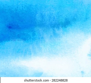 Water sea background. Watercolor blue hand drawn grain paper texture. Wet brush painted smudges abstract vector illustration. Design artistic card for banner, template, wallpaper, print, scrapbook 