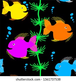 water sea fish colored and seaweed on black background baby background pattern vector