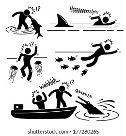 Water Sea River Fish Animal Attacking Hurting Human Stick Figure Pictogram Icon