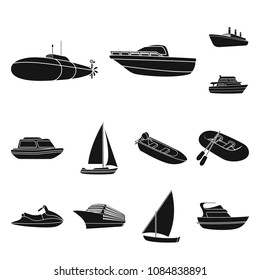 Water and sea transport black icons in set collection for design. A variety of boats and ships vector symbol stock web illustration.