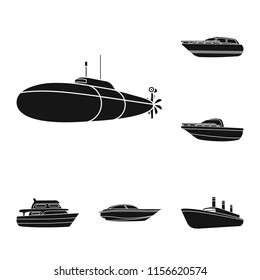 Water and sea transport black icons in set collection for design. A variety of boats and ships vector symbol stock web illustration.