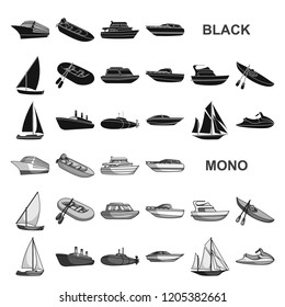 Water and sea transport black icons in set collection for design. A variety of boats and ships vector symbol stock web illustration.