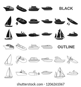 Water and sea transport black icons in set collection for design. A variety of boats and ships vector symbol stock web illustration.