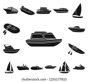 Water and sea transport black icons in set collection for design. A variety of boats and ships vector symbol stock web illustration.