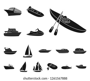 Water and sea transport black icons in set collection for design. A variety of boats and ships vector symbol stock web illustration.