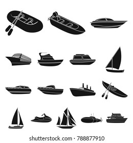 Water and sea transport black icons in set collection for design. A variety of boats and ships vector symbol stock web illustration.