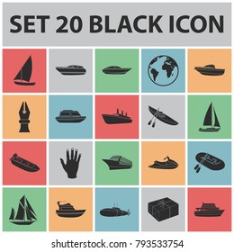 Water and sea transport black icons in set collection for design. A variety of boats and ships vector symbol stock web illustration.