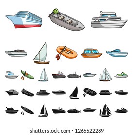 Water and sea transport cartoon, black icons in set collection for design. A variety of boats and ships vector symbol stock web illustration.