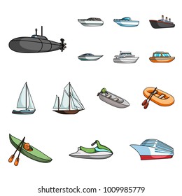 Water and sea transport cartoon icons in set collection for design. A variety of boats and ships vector symbol stock web illustration.