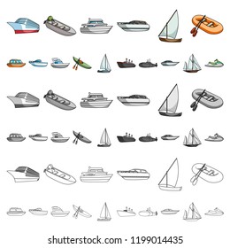 Water and sea transport cartoon icons in set collection for design. A variety of boats and ships vector symbol stock web illustration.