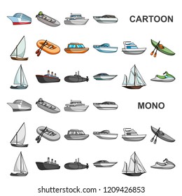 Water and sea transport cartoon icons in set collection for design. A variety of boats and ships vector symbol stock web illustration.