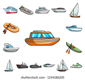 Water and sea transport cartoon icons in set collection for design. A variety of boats and ships vector symbol stock web illustration.