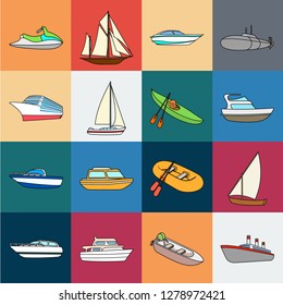 Water and sea transport cartoon icons in set collection for design. A variety of boats and ships vector symbol stock web illustration.